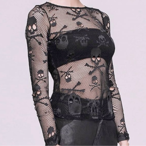 Black skull mesh long sleeve top - Picture 1 of 3